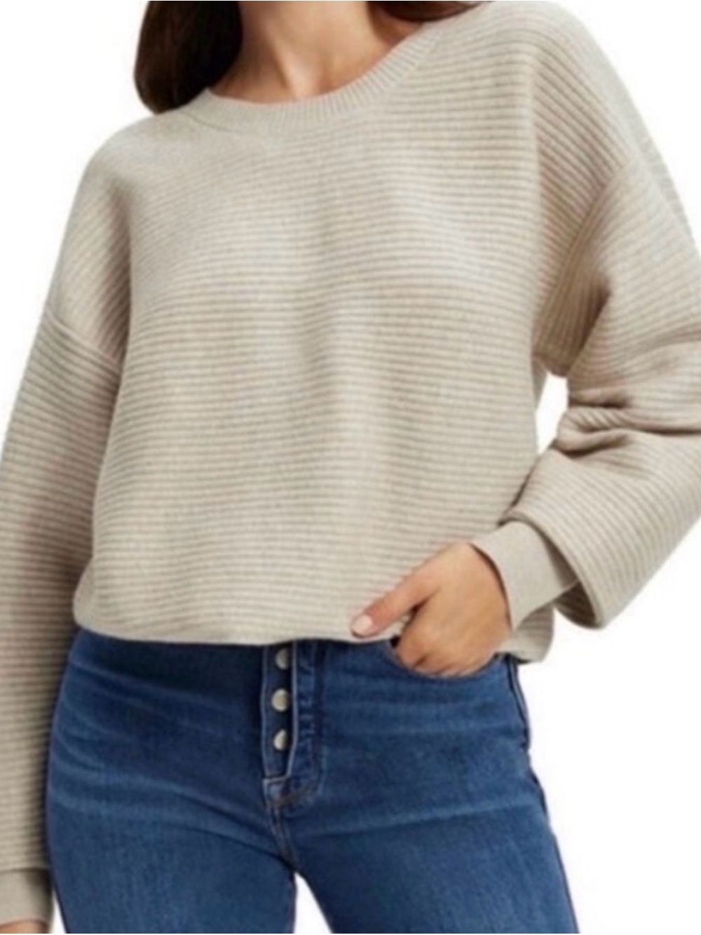 Good American Ribbed Crewneck Sweater in Beige